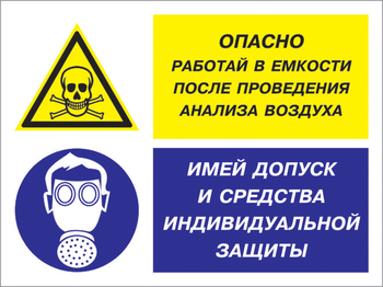 Кз 90 опасно - работай в емкости после проведения анализа воздуха. имей допуск и средства индивидуальной защиты. (пленка, 600х400 мм) - Знаки безопасности - Комбинированные знаки безопасности - магазин "Охрана труда и Техника безопасности"